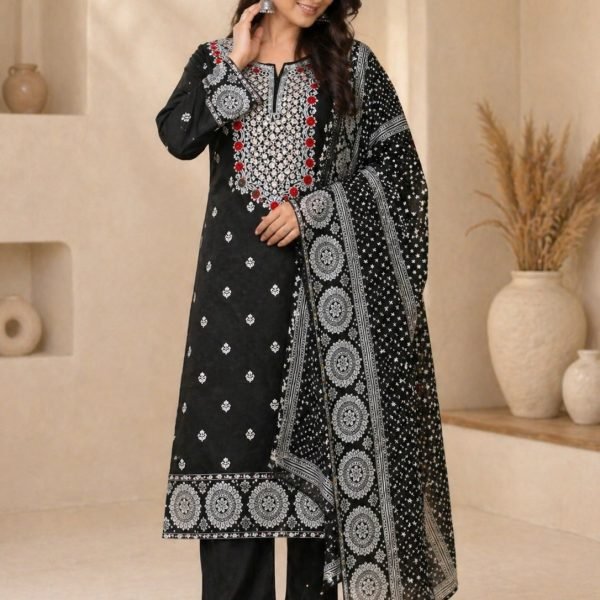 এক্সক্লুসিভ গর্জিয়াস এমব্রয়ডারি ওয়ার্ক গাউন থ্রি পিস ব্লেক হোয়াইট কমিউনিকেশন