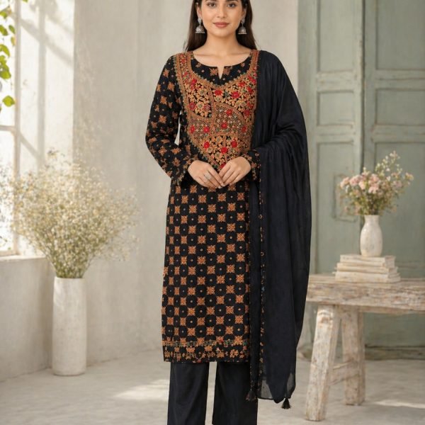 এক্সক্লুসিভ গর্জিয়াস এমব্রয়ডারি ওয়ার্ক গাউন থ্রি পিস ব্লেক ব্রাউন কমিউনিকেশন